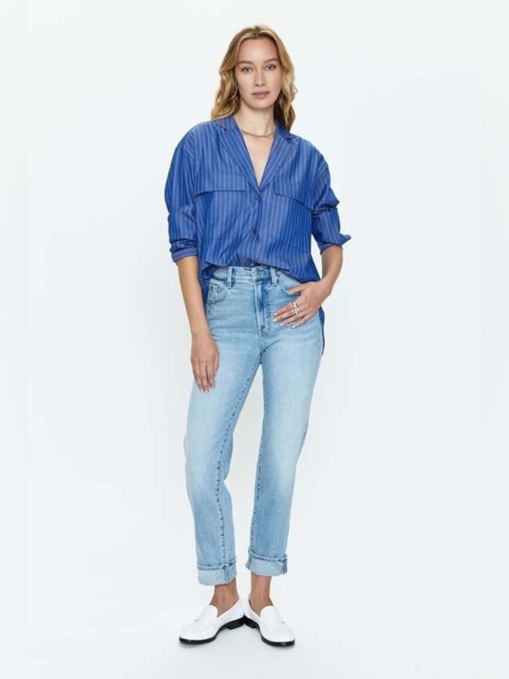 Pistola Irene Effortless Oversized Button Down Top Blue White Pinstripe Tencel S